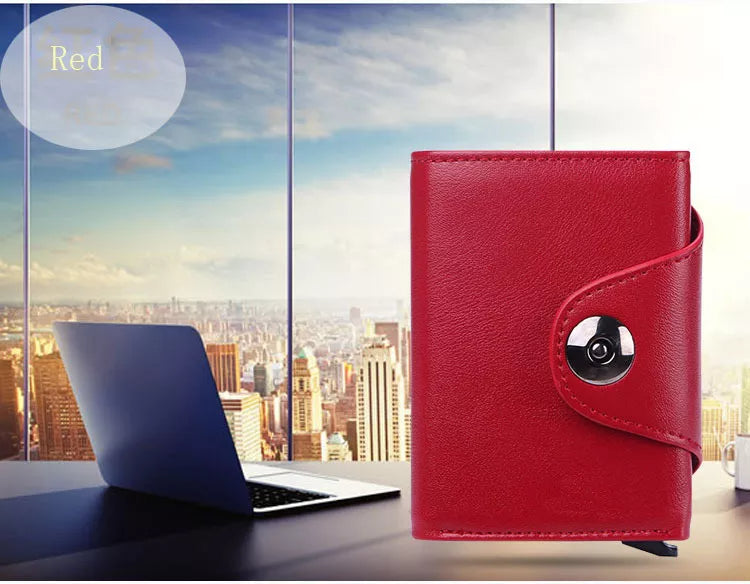 BILLETERA TARJETERA DAMA DE CUERO PU, CON PROTECIÓN RFID, HEBILLA MAGNETICA