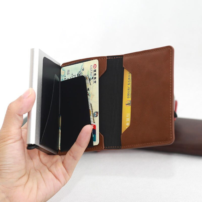 BILLETERA PORTA TARJETAS Y BILLETES. MATERIAL DE ALUMINIO Y CUERO P.U., COLORES VARIADOS. ELEGANTE, NUEVO ESTILO 2023